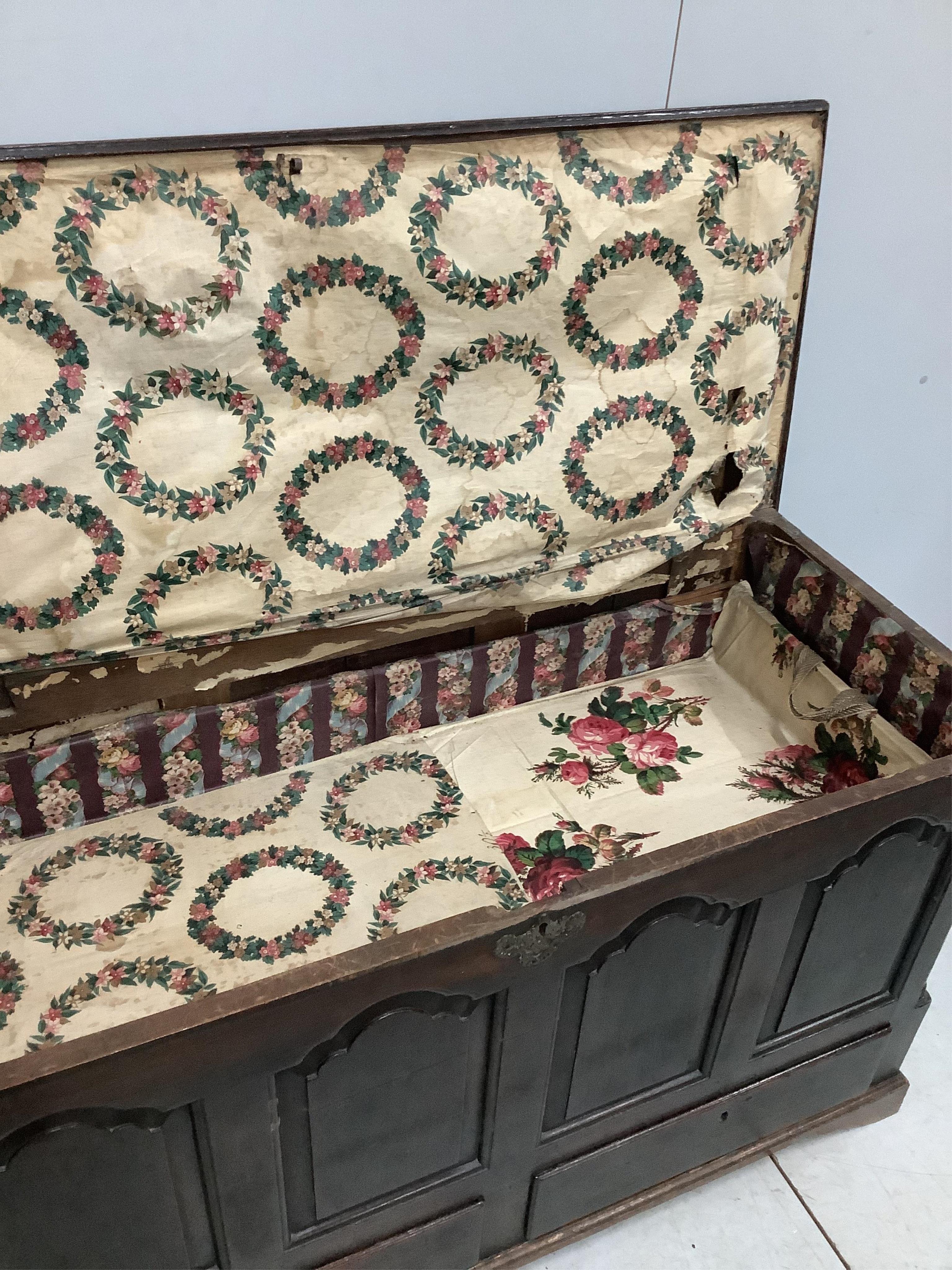 A late 17th / early 18th century panelled oak mule chest, width 141cm, depth 58cm, height 81cm. Condition - fair